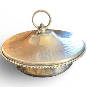 B W Buenilum aluminum serving dish, hammered look, sculptural handle 1930 - 1960